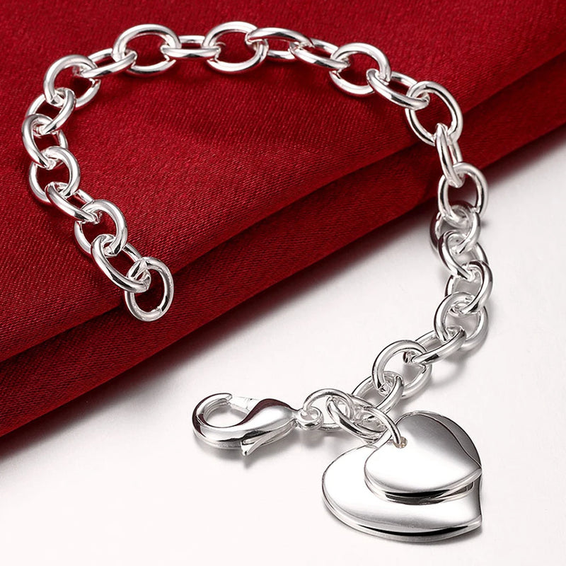 925 Silver Double Heart Pendant Bracelet Women Charm Wedding Jewelry
