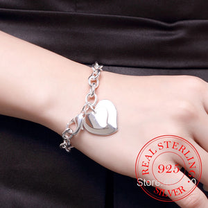925 Silver Double Heart Pendant Bracelet Wedding Engagement Party Jewelry