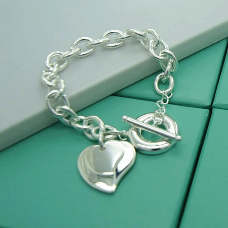 925 Silver Double Heart Pendant Bracelet Engagement Party Gift