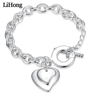 925 Silver Double Heart Pendant Bracelet Wedding Engagement Jewelry