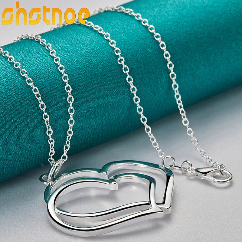 925 Silver Double Heart Pendant Necklace 16-30" Chain Women Party Charm