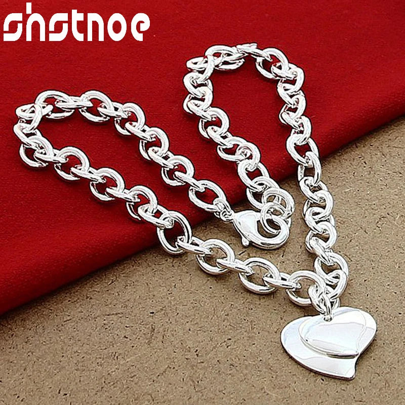 925 Silver Double Heart Pendant Necklace 18 Inch Chain Wedding Charm Jewelry