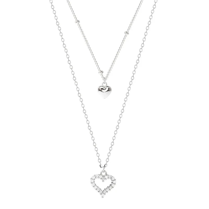 925 Silver Double Heart Necklace Zircon Pendant Female Jewelry