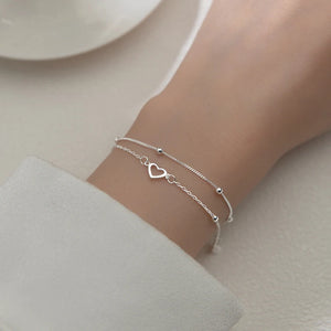 925 Silver Double Hollow Round Bead Heart Bracelet Sweet Chain Bangles