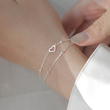 925 Silver Double Hollow Round Bead Heart Bracelet Sweet Chain Bangles