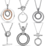 925 Silver Double Hoop T-bar Signature Pave Two Circles Pendant Necklace