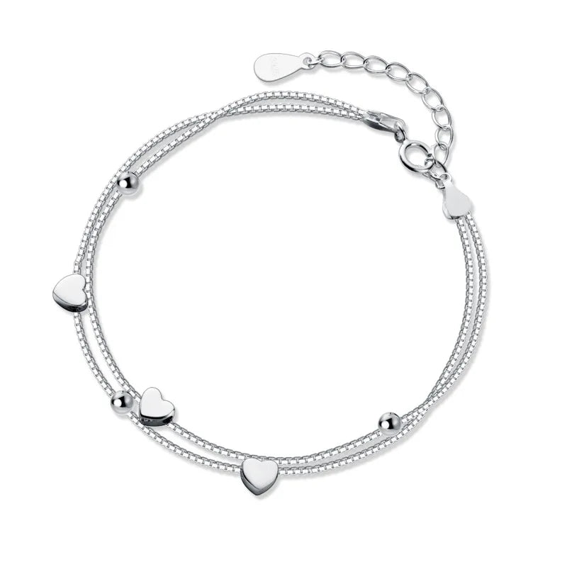 925 Silver Double Layer Love Heart Beads Bracelet for Women