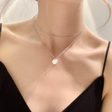 925 Silver Double-Layer Geometric Necklace Round Bead Clavicle Chain