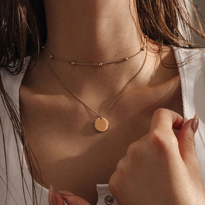925 Silver Double-Layer Geometric Necklace Round Bead Clavicle Chain