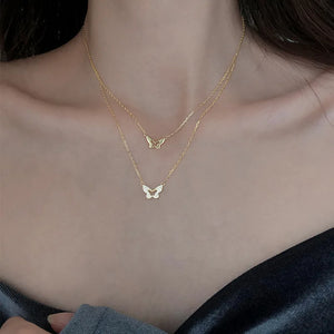 925 Silver Butterfly Pendant Layer Necklace Zircon Clavicle Chain