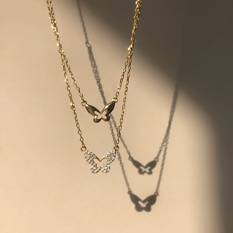 925 Silver Butterfly Pendant Layer Necklace Zircon Clavicle Chain