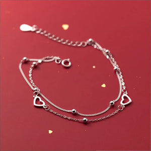 925 Silver Double Layer Round Bean Heart Bracelet - Sweet Jewelry Gift for Women