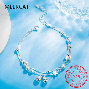 925 Silver Double Layer Round Star Bead Chain Bell Bracelet Female Jewelry