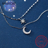 925 Silver Double Layer Star Moon Necklace For Women Girl