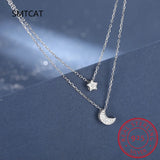 925 Silver Double Layer Star Moon Necklace For Women Girl