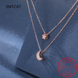 925 Silver Double Layer Star Moon Necklace For Women Girl