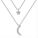 925 Silver Double Layer Star Moon Necklace For Women Girl