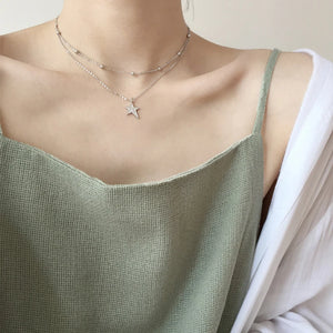 925 Silver Double Layer Star Necklace Zircon Pendant Chain