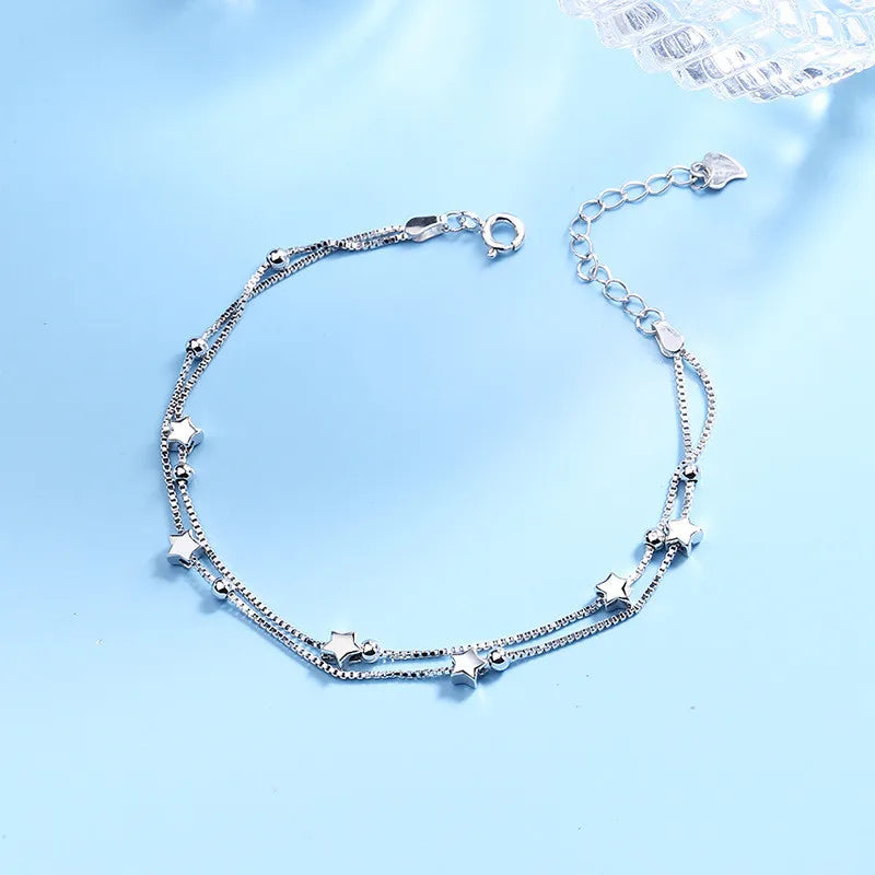 925 Silver Double Star Round Bead Charm Bracelet for Women