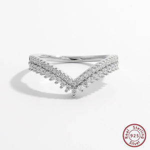 925 Silver Double Layer Zircon V Ring Wedding Engagement Jewelry