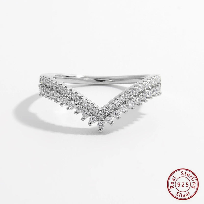 925 Silver Double Layer Zircon V Ring Wedding Engagement Jewelry