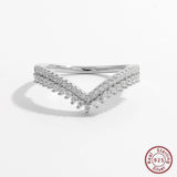 925 Silver Double Layer Zircon V Ring Wedding Engagement Jewelry