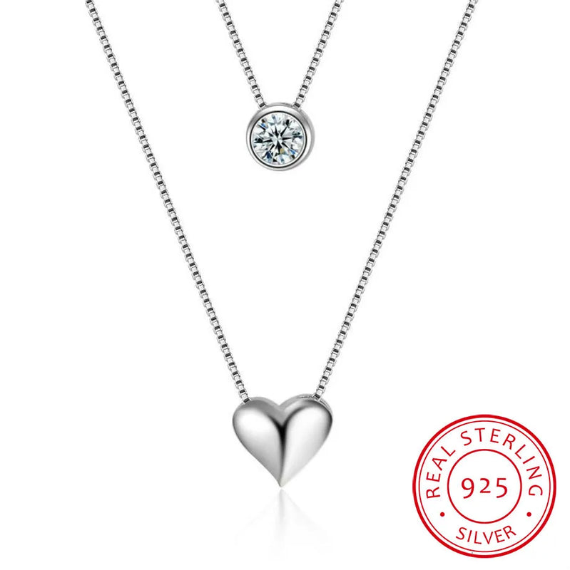 925 Silver Double Layers Collarbone Necklace Cz Love-heart Pendant