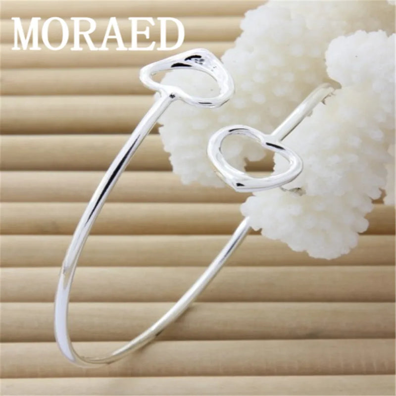 925 Silver Double Heart Bangles Bracelet Women Jewelry Birthday Gift