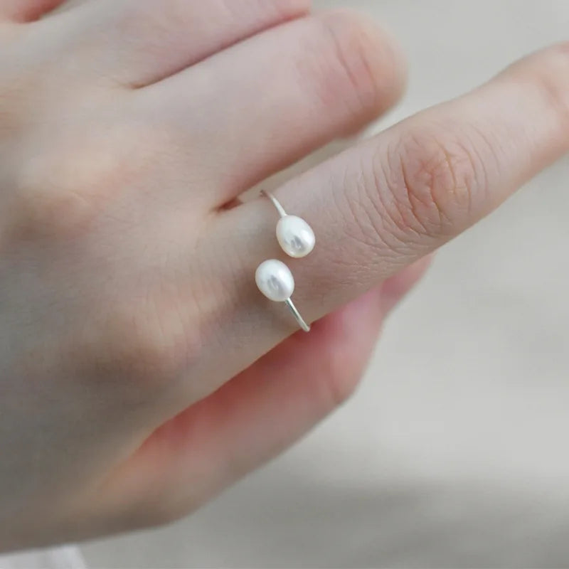925 Silver Double Pearl Rings Vintage Sexy Open Adjuster Ring