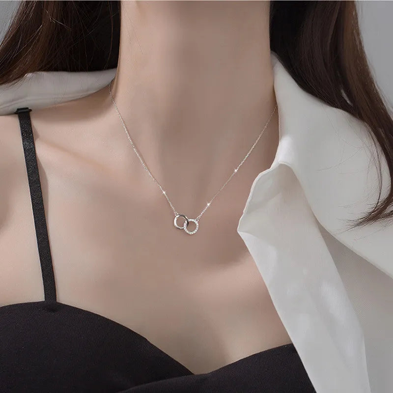 925 Silver Double Ring Necklace with Zircon - Women's Clavicle Chain