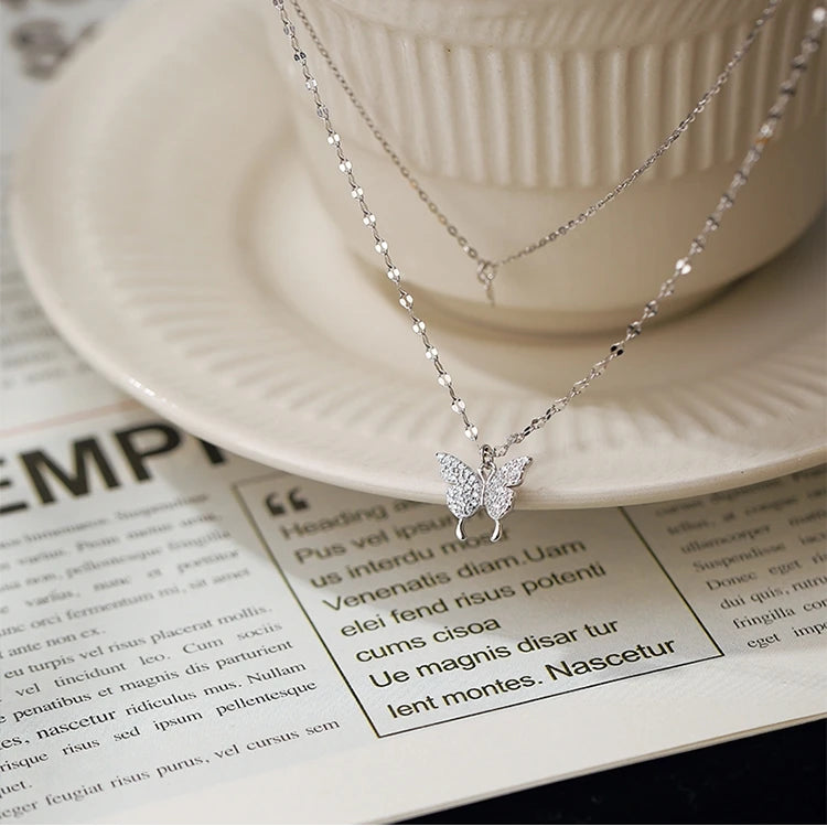 925 Silver Butterfly Diamond Necklace Pendant Chain Gift