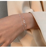 925 Silver Double-layer Love Bracelet Round Beads Heart-shaped Jewelry