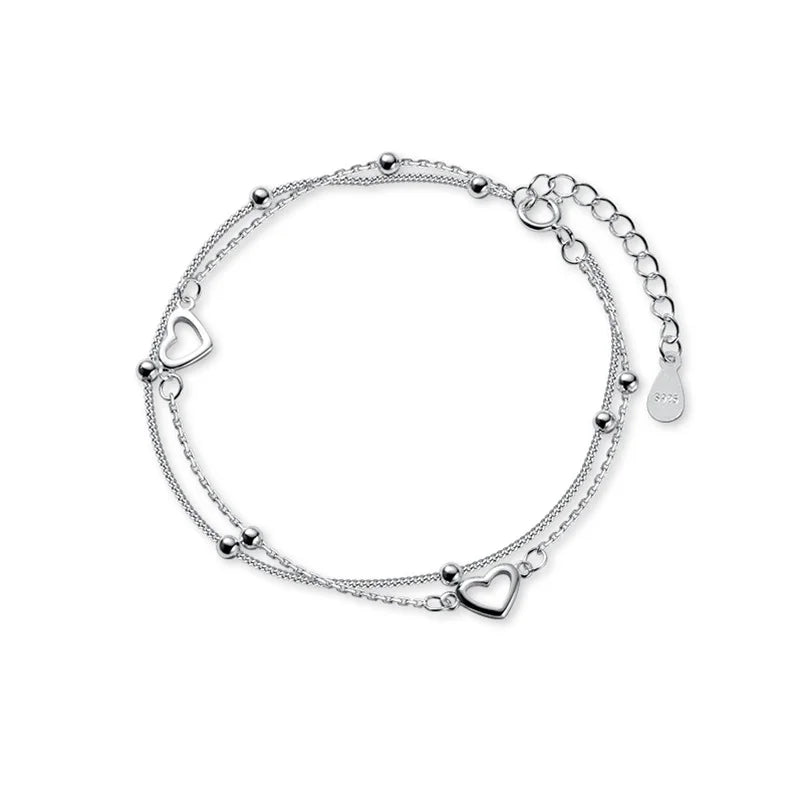 925 Silver Double-layer Love Bracelet Round Beads Heart-shaped Jewelry