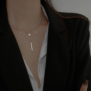 925 Silver Double Layer Necklace Zircon Pendant Gift