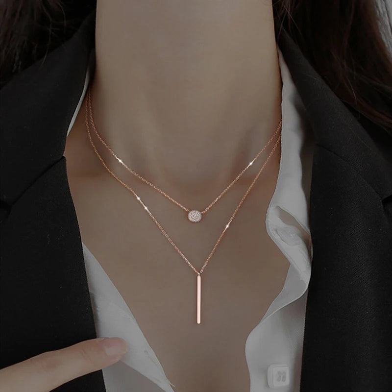 925 Silver Double Layer Necklace Zircon Pendant Gift