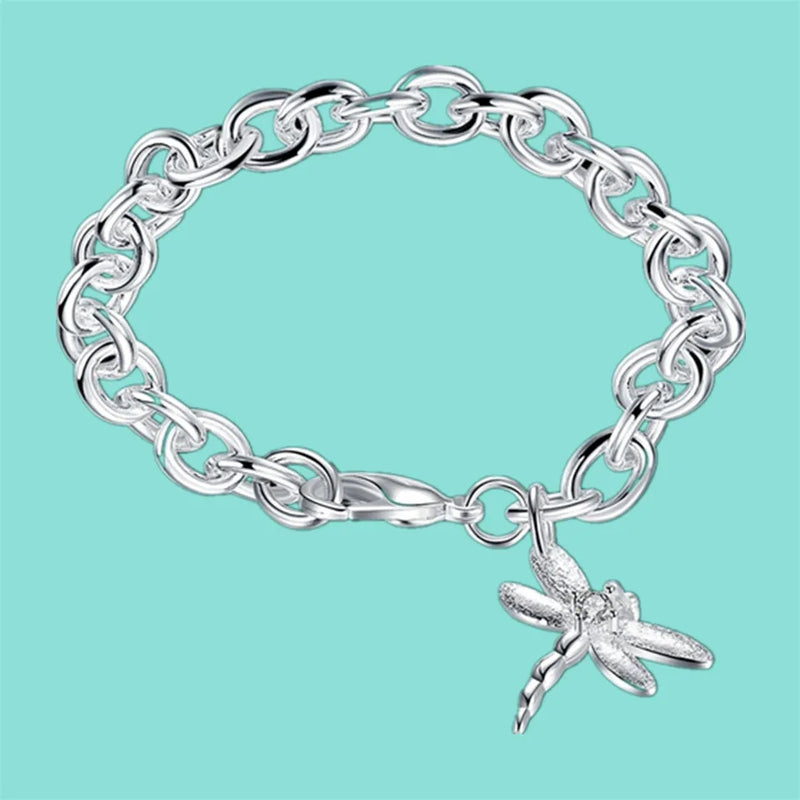 925 Silver Dragonfly Pendant Bracelet Women Wedding Charm Party Jewelry