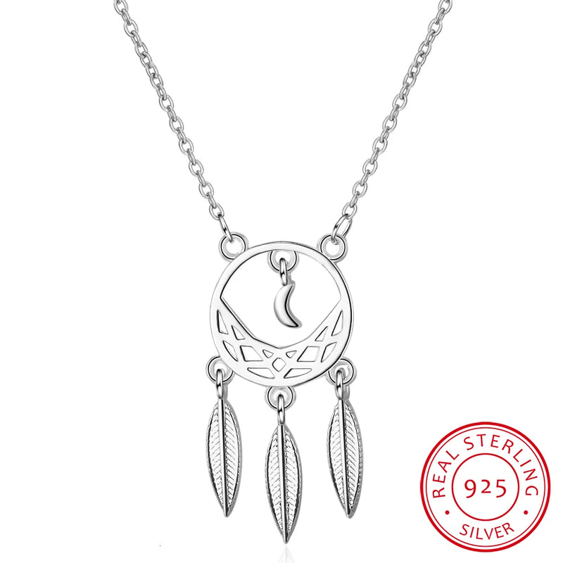 925 Silver Dream Catcher Necklace Leaves Short Chain S-n310