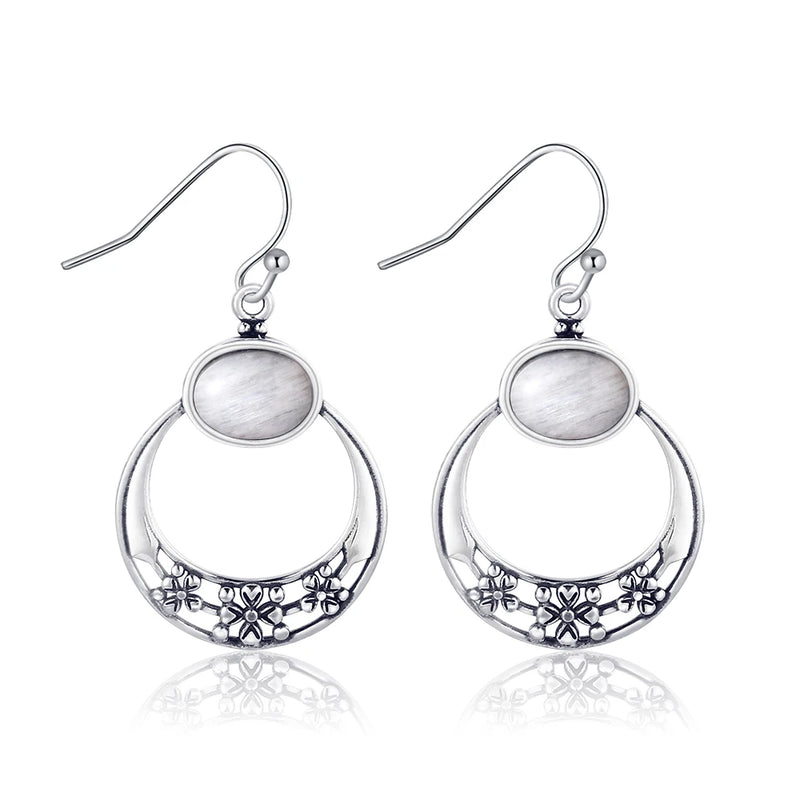 Vintage Flower Sandstone Drop Earrings 925 Silver