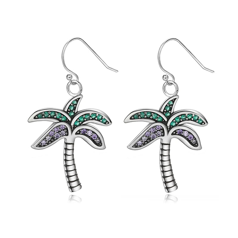 925 Silver Coconut Tree Drop Earrings with Colorful Zircon