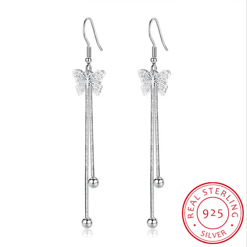 925 Silver Butterfly Tassel Earrings Hollow Design