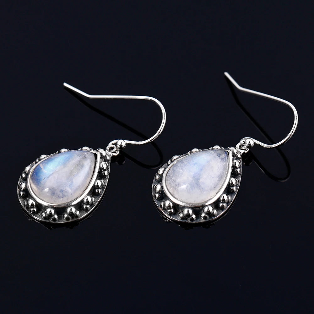 925 Silver Moonstone Drop Earrings for Women Vintage Jewelry