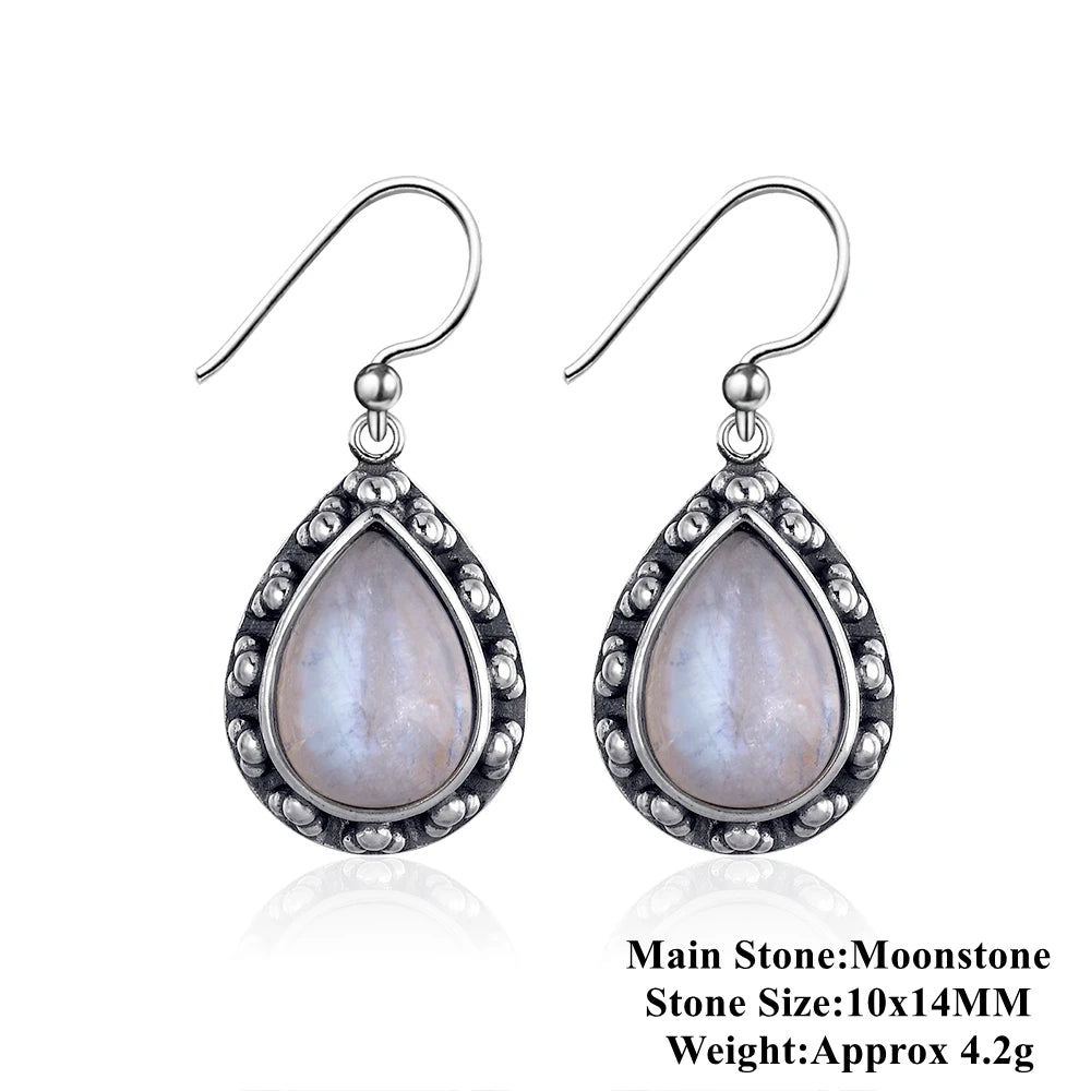 925 Silver Moonstone Drop Earrings for Women Vintage Jewelry