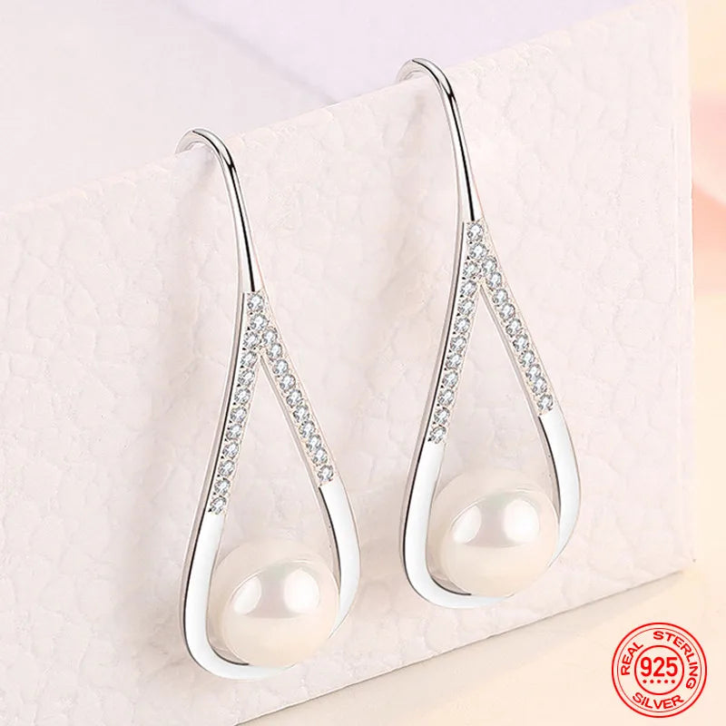 925 Silver Pearl Zircon Dangle Earring Women Engagement Jewelry