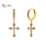 925 Silver CZ Cross Drop Earrings Dangle Huggie Hoops