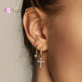 925 Silver CZ Cross Drop Earrings Dangle Huggie Hoops