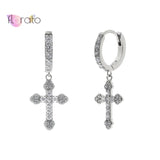 925 Silver CZ Cross Drop Earrings Dangle Huggie Hoops