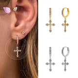 925 Silver CZ Cross Drop Earrings Dangle Huggie Hoops