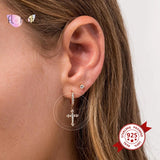 925 Silver CZ Cross Drop Earrings Dangle Huggie Hoops