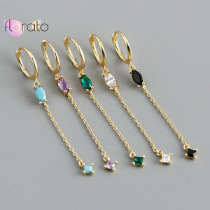 925 Silver Tassel Drop Hoop Earrings Crystal Zircon Huggie Earring