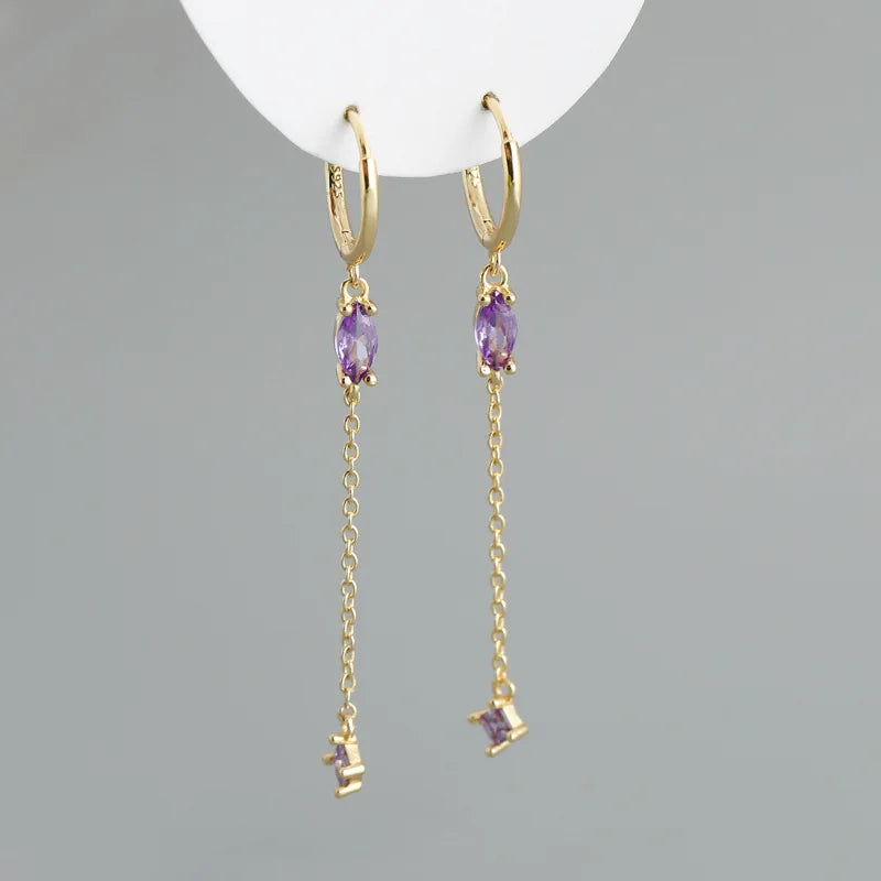 925 Silver Tassel Drop Hoop Earrings Crystal Zircon Huggie Earring